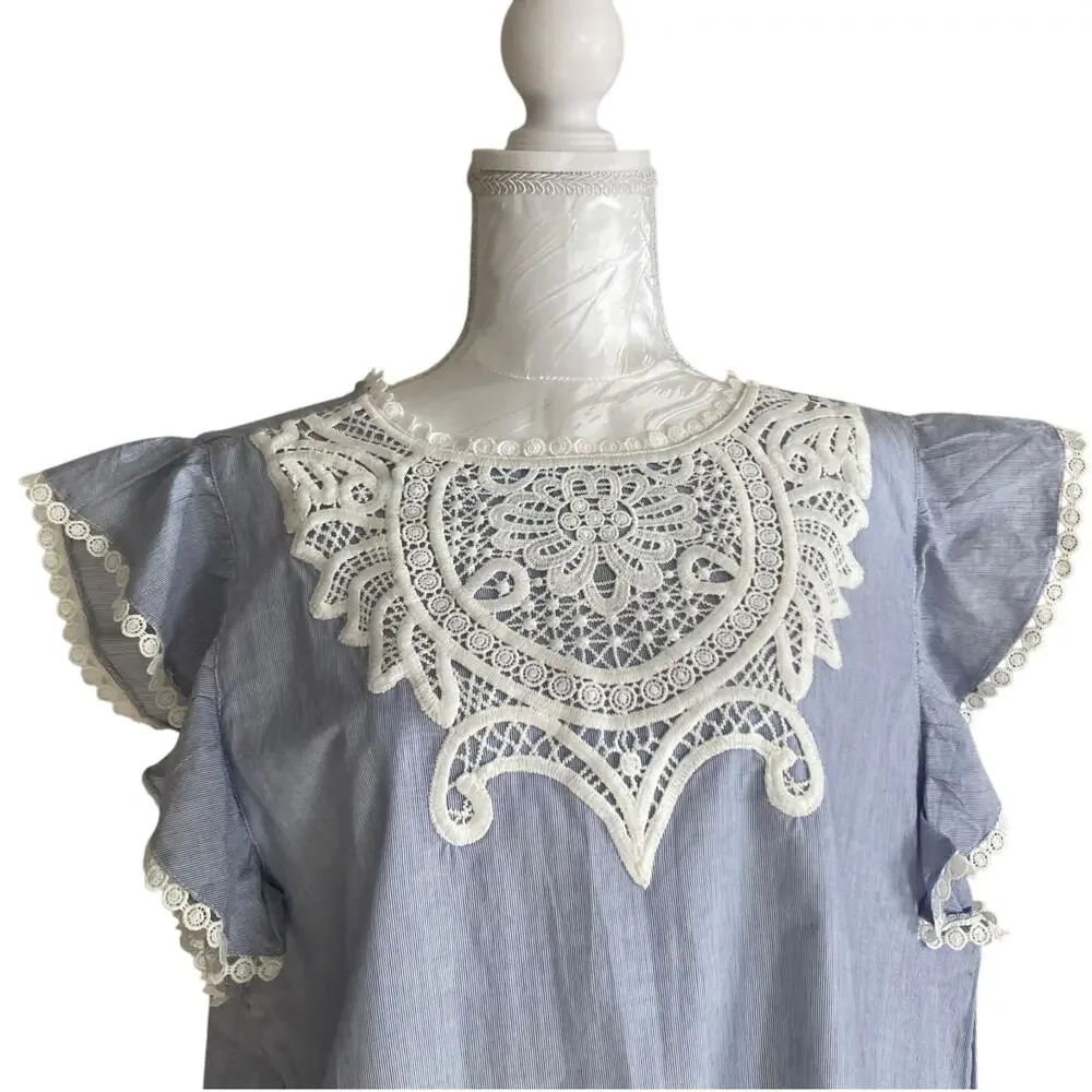 NWT Loft Blue White Stripe Crochet Lace Pinafore Old Money Dress Size Large - Picture 5 of 16